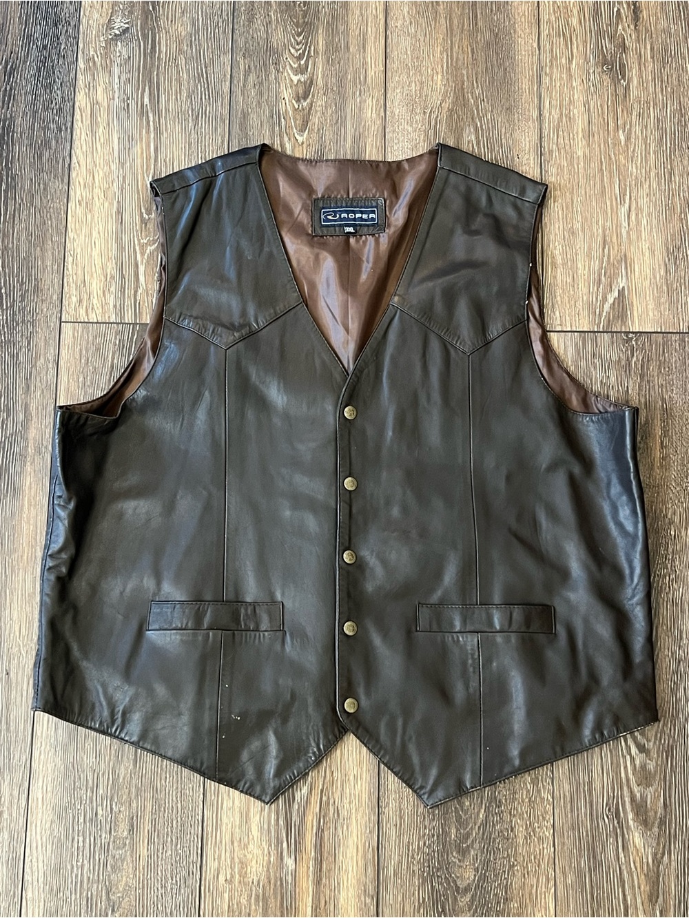 Roper Brown Leather Vest Star Snap Button Mens 3XL